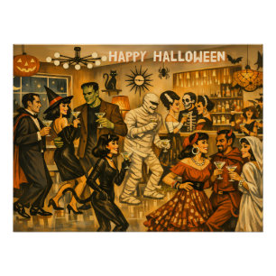 Poster Soirée Martini Halloween Rétro Milieu de Siècle 50