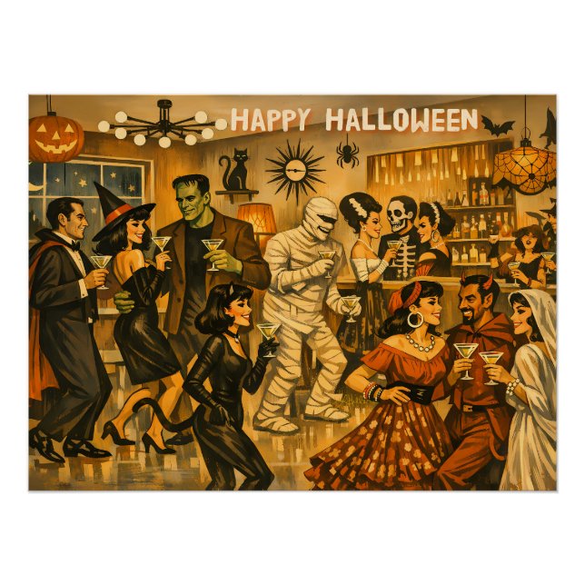 Poster Soirée Martini Halloween Rétro Milieu de Siècle 50 (Devant)