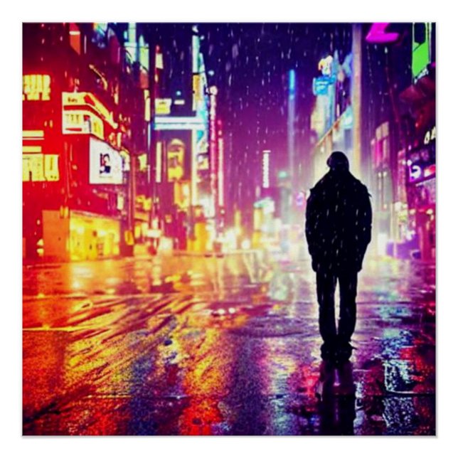 Poster Solitaire Cyberpunk Dans La Pluie (Devant)