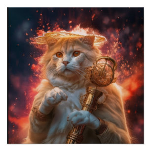 Poster Sorcier Chat Avec Bâton Magique Parmi Les Flammes