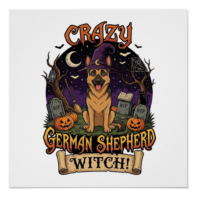 Poster Sorcière allemande folle de la chienne d'Halloween (Devant)