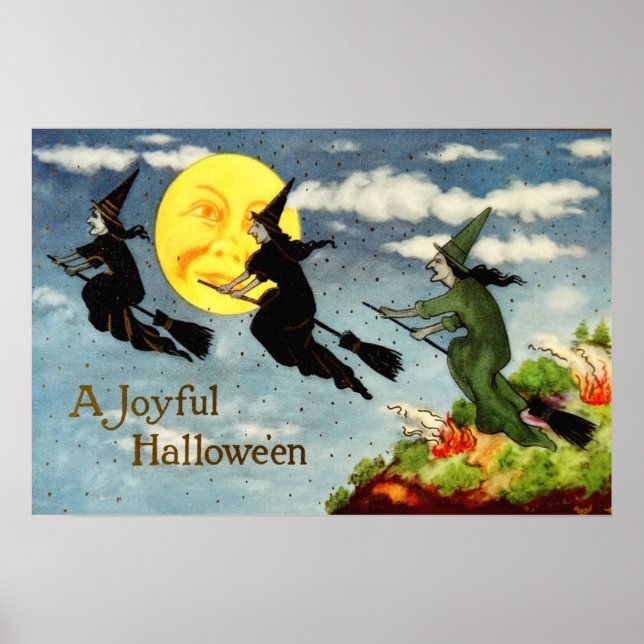 Poster Sorcière Balai Volant Homme Dans La Lune Ciel (Devant)