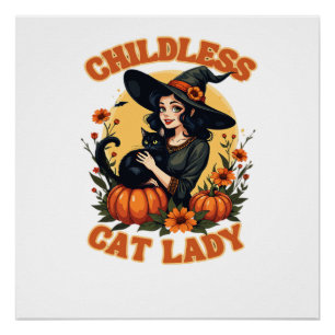 Poster Sorcière dame aux chats sans enfants - chat noir d