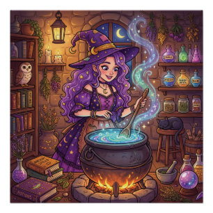 Poster Sorcière de dessin animé faisant une potion d'amou
