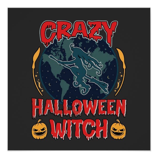 Poster Sorcière de Halloween fou Citrouille Volant Lune N (Devant)