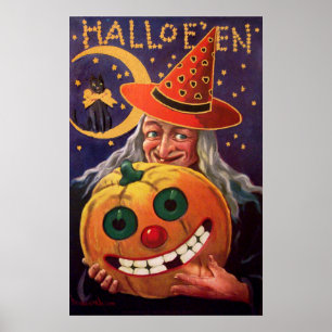 Poster Sorcière d'Halloween avec Citrouille drôle