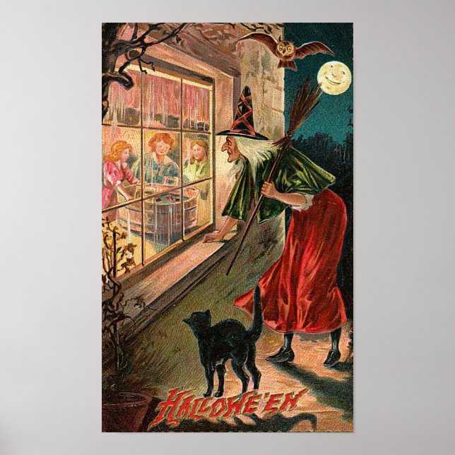 Poster Sorcière d'Halloween, Chat Staring dans la fenêtre (Devant)