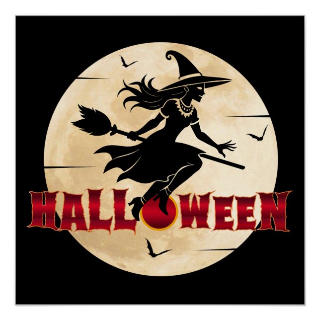 Poster Sorcière d'Halloween sur un balai (Devant)