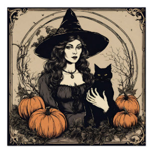 Poster Sorcière d'Halloween vintage avec chat noir, Citro