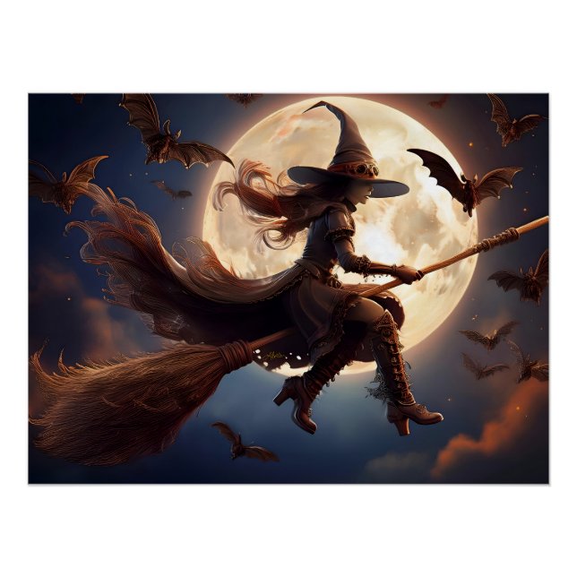 Poster Sorcière Steampunk Halloween Vol au Clair de Lune (Devant)