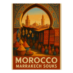 Poster Souks animés de Marrakech, Maroc