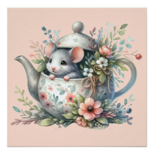 Poster Souris Mignonne dans une Théière Florale Illustrat