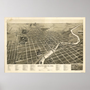 Poster South Bend Indiana 1890 Antique Panoramic Map