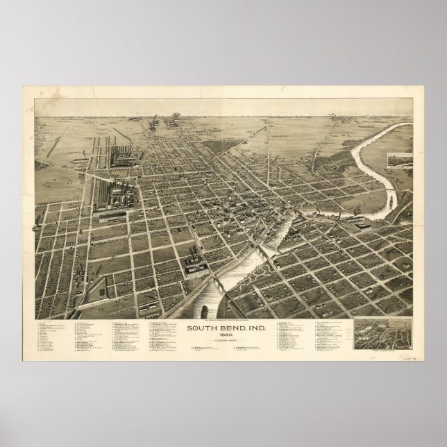 Poster South Bend Indiana 1890 Antique Panoramic Map (Devant)