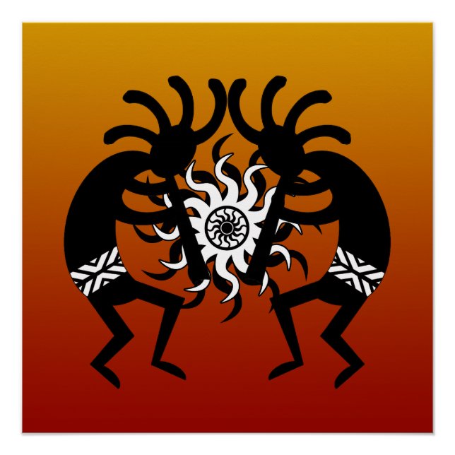 Poster Southwest Design Desert Tribal Sun Kokopelli (Devant)