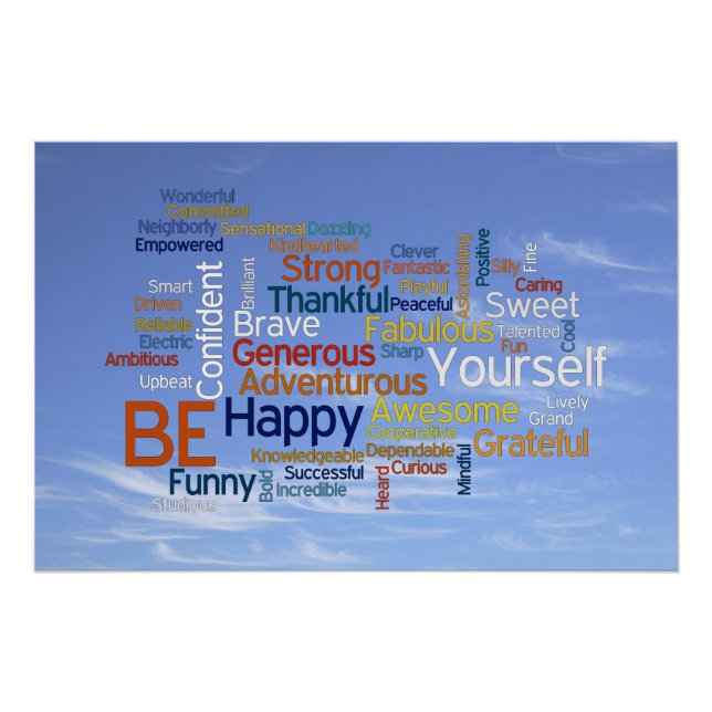 Poster Soyez heureux Word Cloud dans Blue Sky Inspire (Devant)