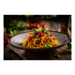 Poster Spaghetti avec Caponata dans le champ rustique Cam