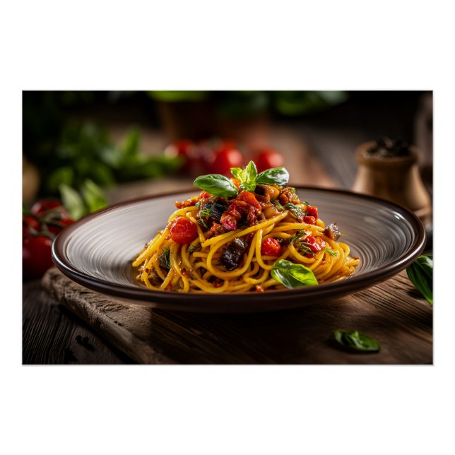 Poster Spaghetti avec Caponata dans le champ rustique Cam (Devant)