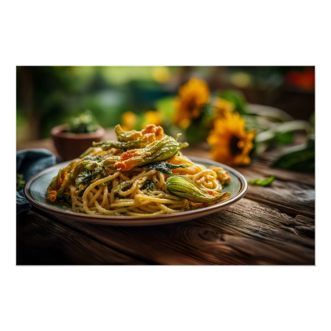 Poster Spaghetti avec fleurs de courgettes (Devant)