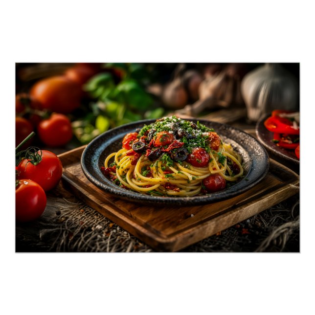 Poster Spaghetti Puttanesca avec tomates fraîches et oliv (Devant)