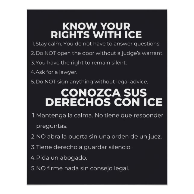 Poster Spanish and English Know Your Rights ICE (Devant)