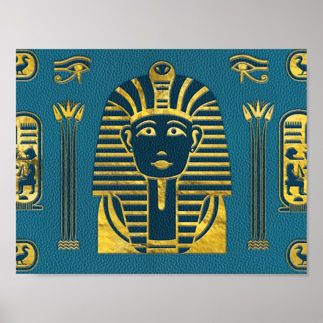 Poster Sphinx d'or avec hiéroglyphes égyptiens sur bleu (Devant)
