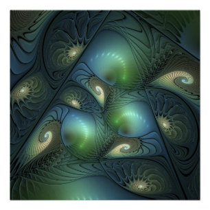 Poster Spirales Beige Vert Turquoise Abstrait Fractal Art