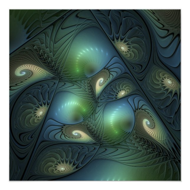 Poster Spirales Beige Vert Turquoise Art Fractal Abstrait (Devant)