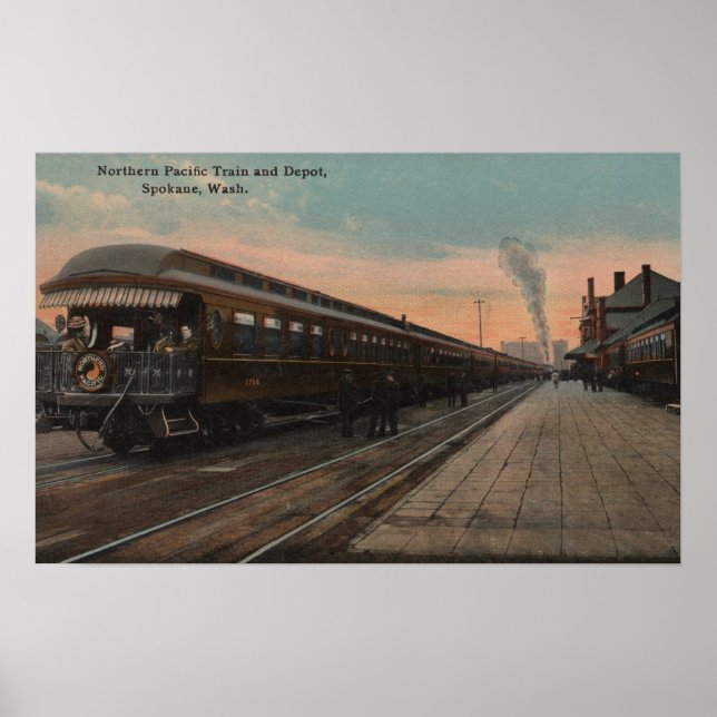 Poster Spokane, WA - Vue sur N. Pacific Train & Depot (Devant)