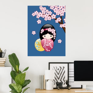 Poster Spring Kokeshi Doll - Cute Japanese Geisha on Blue