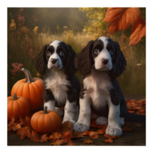 Poster Springer Spaniel Chiot Automne Citrouille de plais
