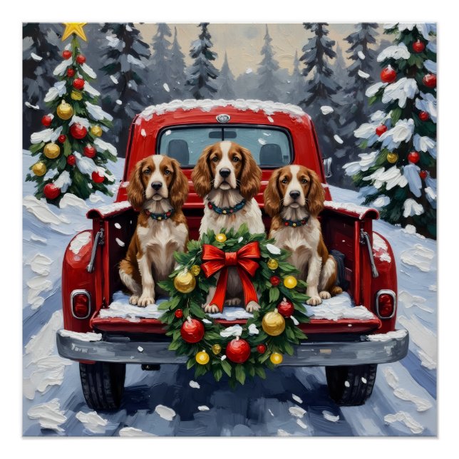 Poster Springer Spaniel Noël Camion Rouge Fêtes (Devant)