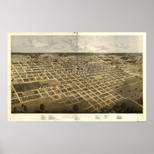 Poster Springfield Illinois 1867 Carte panoramique antiqu (Devant)