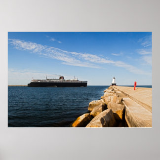 Poster SS Badger Car Ferry & Ludington, MI Lighthouse
