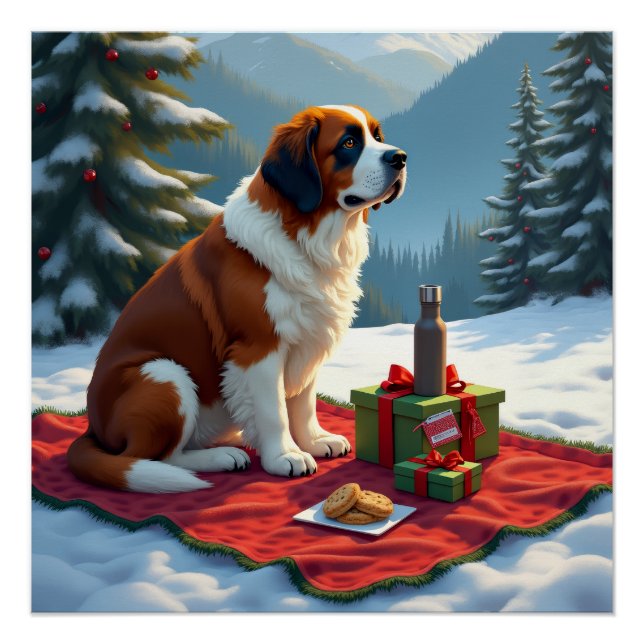 Poster St. Bernard Winter Picnic Christmas Painting (Devant)