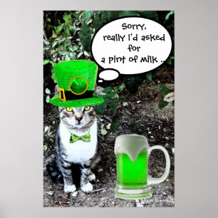 POSTER ST PATRICK'S DAY CAT WITH GREEN IRISH BEER