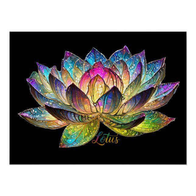 Poster Stained Glass Colorful Lotus Flower on Black (Devant)