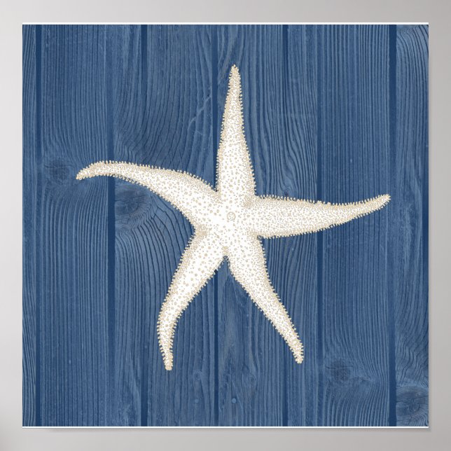 Poster Starfish Vintage Blue Wood Beach (Devant)