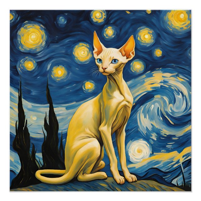 Poster Starry Night Elf Sphinx Chat Van Gogh Art Peinture (Devant)