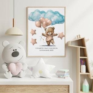 Poster Statistiques de naissance Ours Bébé Rose Nuages Dé