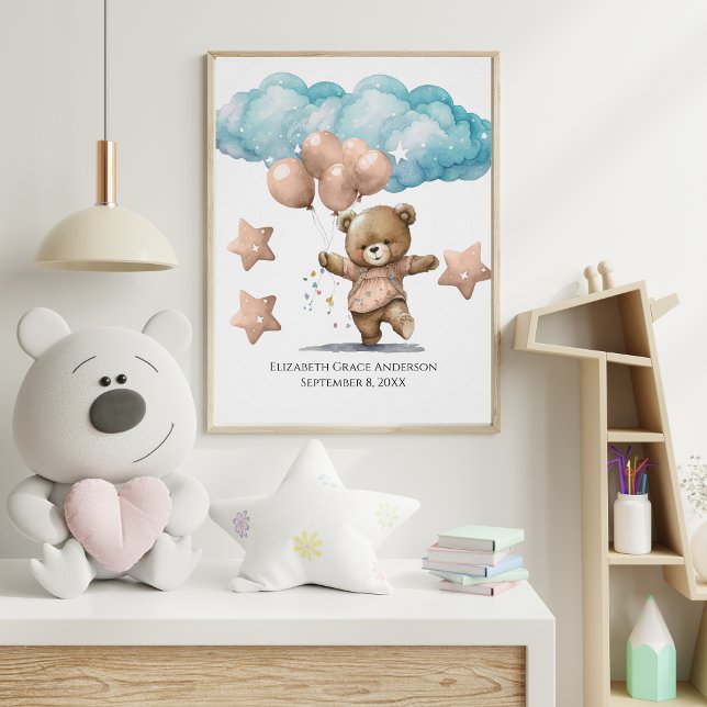 Poster Statistiques de naissance Pink bébé Ours Nuages Nu (Créateur téléchargé)