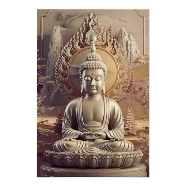 Poster Statue de bouddha serène dans paysage paisible 3D (Devant)