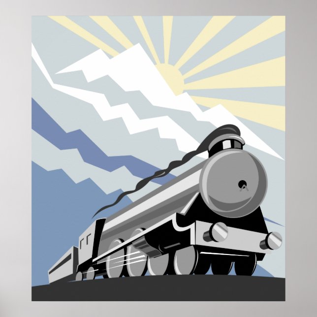 Poster steam train locomotive traveling mountain scene (Devant)