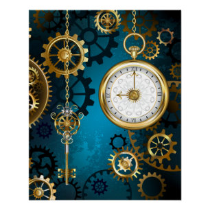 Poster Steampunk Arrière - plan turquoise avec Gears