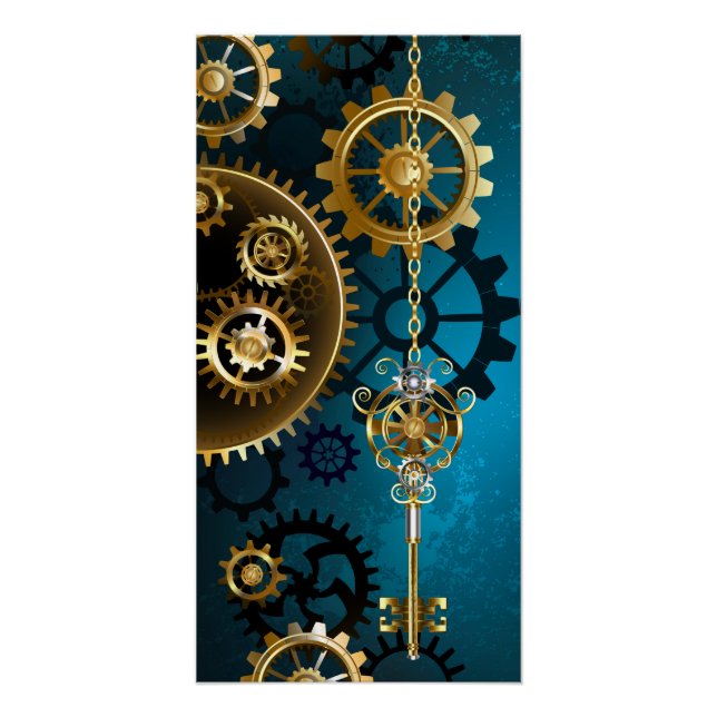 Poster Steampunk Arrière - plan turquoise avec Gears (Devant)