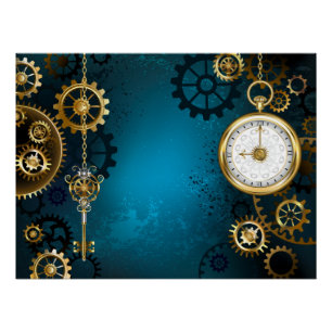 Poster Steampunk Arrière - plan turquoise avec Gears