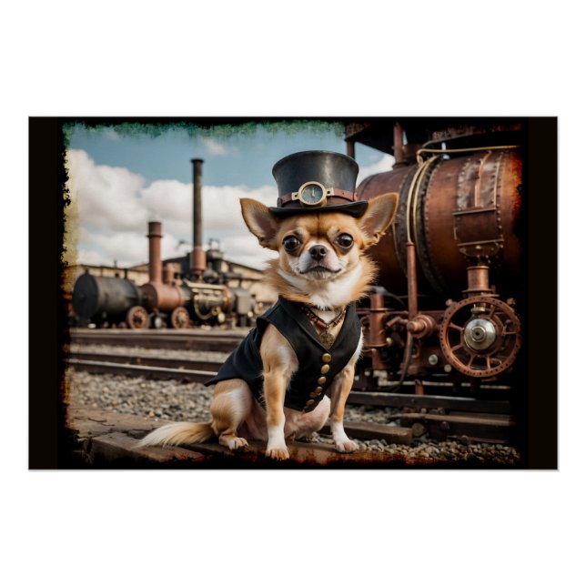 Poster Steampunk Chihuahua et train (Devant)