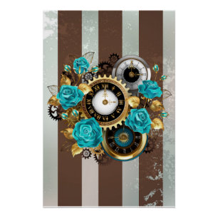 Poster Steampunk Clock and Turquoise Roses on Striped