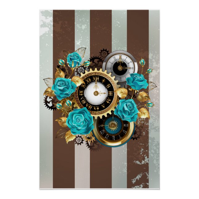 Poster Steampunk Clock and Turquoise Roses on Striped (Devant)