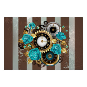 Poster Steampunk Clock and Turquoise Roses on Striped